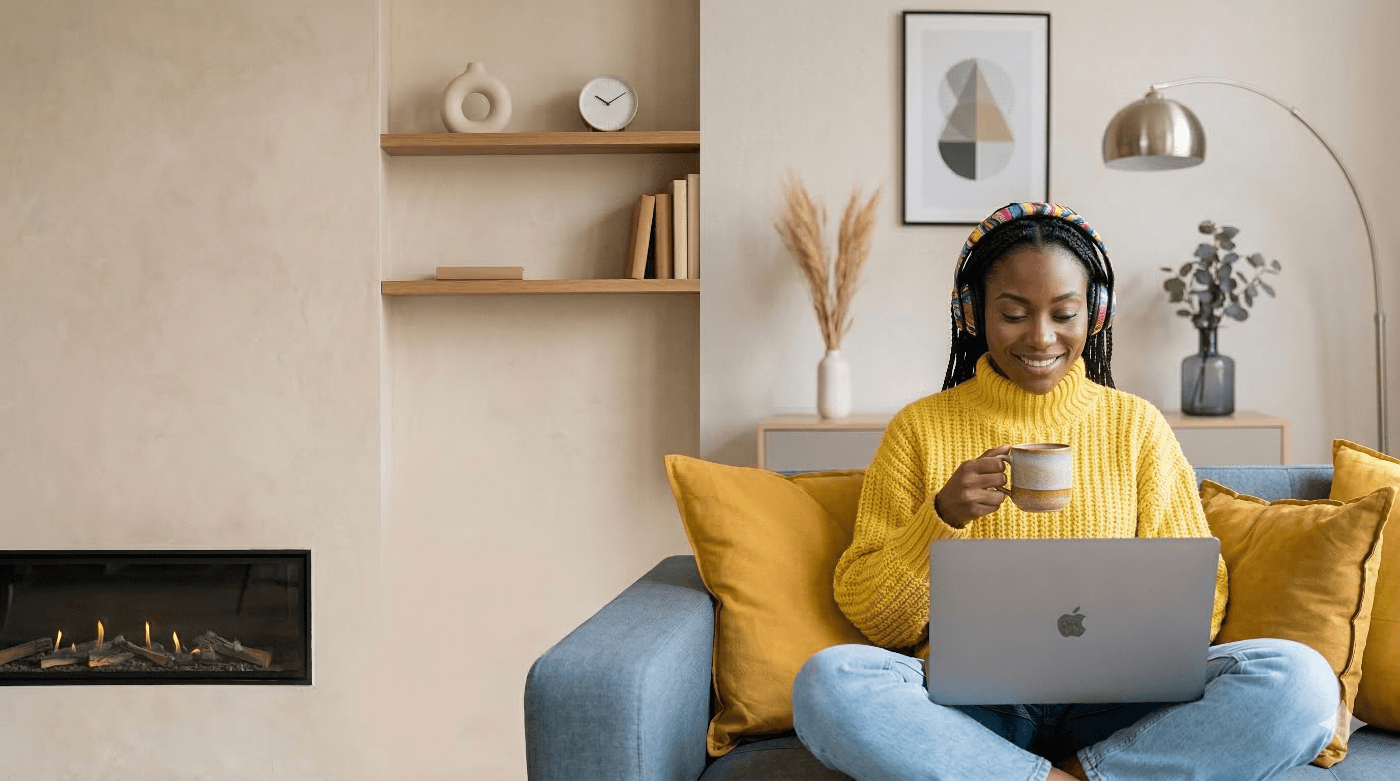 Woman wearing headphones, smiling while practising for an interview on her laptop